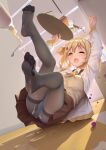  1girl accident ahoge arms_up bangs black_legwear blonde_hair bow bowtie breasts brown_skirt cardigan commentary_request egg_hair_ornament feet food food-themed_hair_ornament food_on_clothes full_body hair_ornament highres himitsu_(hi_mi_tsu_2) indoors kaguyano long_hair long_sleeves looking_away mayonnaise mayonnaise_(kaguyano) medium_breasts miniskirt no_shoes one_eye_closed open_cardigan open_clothes open_mouth panties panties_under_pantyhose pantyhose pleated_skirt shirt skirt soles solo teeth two_side_up underwear upper_teeth white_bow white_bowtie white_cardigan yellow_eyes yellow_shirt 