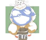  2022 anthro belly blush bottomwear canid canine canis clothing domestic_dog inunoshippo japanese_text kemono male mammal one_eye_closed overweight overweight_male pants shirt sitting solo text topwear 