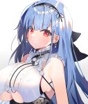  1girl aa44 anchor_symbol azur_lane bare_shoulders blue_hair breasts center_frills collar commentary dido_(azur_lane) ear_piercing frilled_shirt frills highres huge_breasts long_hair metal_collar piercing red_eyes shirt simple_background solo underboob upper_body white_background white_shirt 