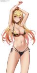  1girl armpits arms_up bikini black_bikini blonde_hair blush breasts choker cleavage collarbone commentary cowboy_shot floral_print highres jewelry kitagawa_marin large_breasts long_hair looking_at_viewer multicolored_hair navel necklace open_mouth pantheon_eve patreon_username red_eyes red_hair smile sono_bisque_doll_wa_koi_wo_suru swimsuit teeth web_address 