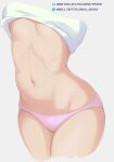  1girl a-o_a breasts clothes_lift cropped_legs genshin_impact head_out_of_frame highres hip_focus mona_(genshin_impact) navel panties pink_panties pixiv_id shirt shirt_lift simple_background small_breasts solo stomach twitter_username underwear web_address white_shirt 