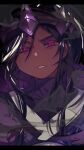  1boy absurdres black_hair collarbone colored_eyelashes cookie_run crown dark_cacao_cookie dark_skin highres letterboxed long_hair looking_at_viewer male_focus mature_male omoyu_(nakyu715) parted_lips purple_eyes smoke solo turtleneck 