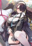  1girl bangs black_hair blue_archive blush breasts cleavage_cutout clothing_cutout garter_belt habit hair_over_one_eye highres hinata_(blue_archive) large_breasts long_hair long_sleeves looking_at_viewer nun red_eyes simao_(x_x36131422) solo thighhighs wavy_hair white_legwear 