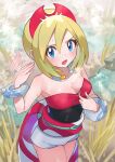  1girl aibon armpits bangs blonde_hair blue_eyes blush bracelet breasts cleavage collar commentary_request day eyelashes fanning_self hair_between_eyes hairband hand_up highres hot irida_(pokemon) jewelry looking_at_viewer motion_blur motion_lines open_mouth outdoors pokemon pokemon_(game) pokemon_legends:_arceus red_hairband red_shirt sash shirt shirt_tug short_hair shorts solo standing strapless strapless_shirt sweat tongue waist_cape white_shorts 
