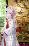  1girl animal_ears bird breasts cherry_blossoms commentary_request doorway dress flower fox fox_ears fox_girl fox_tail fuzichoco hair_ornament hand_fan highres hill holding holding_fan japanese_clothes koi lake landscape original painting_(object) patterned_clothing pond porch red_eyes red_tassel smile tail tied_hair tree veil water waterfall wedding_dress white_hair 