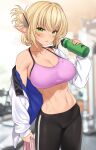  1girl aegis_(takunomi) bangs bare_shoulders black_pants blonde_hair blurry blurry_background blush bottle breasts cleavage collarbone commentary_request cowboy_shot elf enjo_kouhai eyebrows_visible_through_hair folded_ponytail green_eyes gym hair_between_eyes highres holding holding_bottle holding_towel indoors jacket large_breasts long_sleeves looking_at_viewer midriff navel off_shoulder pants parted_lips pink_sports_bra pointy_ears sidelocks solo sports_bra standing sweat takunomi tied_hair tight tight_pants towel water_bottle white_jacket 