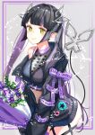  1girl badge bangs black_hair black_jacket black_ribbon black_shirt blunt_bangs blush bouquet breasts button_badge cleavage closed_mouth commentary_request cowboy_shot crop_top demon_girl demon_horns demon_tail eyebrows_visible_through_hair flower grey_background heart heart_print highres holding holding_bouquet horns jacket kojo_anna leg_ribbon long_hair long_sleeves looking_at_viewer medium_breasts midriff multicolored_hair off_shoulder open_clothes open_jacket pointy_ears print_shirt purple_flower purple_hair purple_legwear ribbon russian_text sankyo_(821-scoville) see-through_shirt shirt single_thighhigh sleeveless sleeveless_shirt smile solo star_(symbol) sugar_lyric tail thighhighs twintails two-tone_hair virtual_youtuber yellow_eyes zipper 