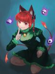  1girl animal_ear_fluff animal_ears bangs bell berkut-canard black_bow blue_background bow braid breasts brown_legwear cat_ears cat_tail closed_mouth dress eyebrows_visible_through_hair fang fang_out finger_to_mouth fire flame-tipped_tail flaming_skull floating_skull gradient gradient_background green_dress hair_bow hair_ribbon hand_up highres hitodama jingle_bell juliet_sleeves kaenbyou_rin kneeling long_sleeves looking_at_viewer medium_breasts multiple_tails nekomata pantyhose petticoat puffy_sleeves purple_fire red_eyes red_hair ribbon shushing simple_background smile solo tail touhou tress_ribbon twin_braids twintails two_tails 