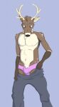  anthro belly biped black_nose brown_body brown_ears brown_eyes brown_fur brown_hair bucklebunny bulge cervid chest_tuft clothing front_view fur gloves_(marking) hair hi_res inner_ear_fluff male mammal markings navel neck_tuft nipples panties pink_clothing pink_panties pink_underwear short_hair solo spots spotted_body spotted_fur standing tuft underwear white_antlers white_belly white_body white_fur white_inner_ear_fluff white_spots 