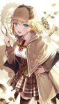  1girl :d bangs blonde_hair blue_eyes breasts brown_coat brown_headwear brown_skirt buguma coat collared_shirt cowboy_shot eyebrows_visible_through_hair hair_ornament hand_on_hip high-waist_skirt highres holding holding_magnifying_glass hololive hololive_english large_breasts looking_at_viewer magnifying_glass necktie red_necktie shirt short_hair skirt smile solo thighhighs trench_coat twitter_username virtual_youtuber watch watson_amelia white_shirt 