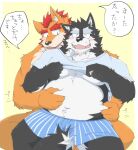  2022 anthro belly_grab black_body black_nose blush canid canine canis clothing domestic_dog duo embrace hi_res hug hugging_from_behind humanoid_hands japanese_text kemono male male/male mammal moobs overweight overweight_male sitting text tora_oekaki underwear white_body 