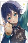  1boy :p androgynous black_hair blue_eyes blue_hair blush character_name coffee colored_tips cup frappuccino genshin_impact highres looking_at_viewer male_focus mofull_mero multicolored_hair otoko_no_ko pale_skin solo thank_you tongue tongue_out venti_(genshin_impact) 