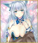  1girl animal_ear_fluff azur_lane bare_shoulders blue_eyes blue_leotard breasts brown_legwear center_opening detached_collar eyebrows_visible_through_hair heart highleg highleg_leotard highres huge_breasts kitsune kyuubi leotard looking_at_viewer multiple_tails pantyhose shinano_(azur_lane) solo tail traditional_media whipberry white_hair white_tail 