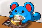  animal animal_focus bowl chopsticks closed_mouth commentary eating eggshell food_focus holding holding_chopsticks mahos_san marill pokemon pokemon_(creature) shadow simple_background tabasco table tray 