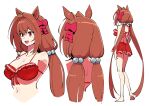  1girl absurdres alternate_hairstyle animal_ears arms_at_sides bangs barefoot beads bikini bow breasts brown_hair cleavage collarbone concept_art cropped_torso daiwa_scarlet_(umamusume) fang full_body hair_beads hair_bow hair_intakes hair_ornament highres horse_ears large_breasts long_hair low_twintails multiple_views open_mouth pink_bow red_bikini red_eyes rikizo skin_fang smile standing swimsuit twintails umamusume upper_body very_long_hair 