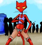  absurd_res annoyed anthro balls beach bodily_fluids body_hair bottomwear cartoon_network clothed clothing courage_the_cowardly_dog domestic_cat felid feline felis genitals group happy_trail hi_res illegaleel katz_(courage_the_cowardly_dog) looking_at_watch male mammal nipples_through_clothes omorashi open_bottomwear open_clothing open_pants pants peeing penis poking_out portapotty public_urination seaside sweat underwear 