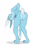  anthro balls bent_over biped blue_balls blue_body blue_ears blue_eyes blue_fur blue_inner_ear blue_tail bucklebunny butt cheek_tuft elbow_tufts facial_tuft fur genitals hand_on_butt hi_res lagomorph leporid long_ears looking_at_viewer looking_back male mammal presenting presenting_hindquarters rabbit rear_view scut_tail shadow short_tail simple_background solo standing teeth tuft white_background 
