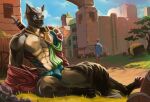  anthro armor blue_eyes brown_body brown_fur bulge butt canid canine city cloak clothing digital_media_(artwork) fantasy fur hair hi_res houses levsha male mammal medieval melee_weapon muscular pubes solo sword tan_body tan_fur underwear warrior weapon white_hair 