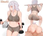 1boy 1girl anus arknights ass barbell blush bodypaint breasts character_name closed_mouth collarbone dumbbell highres large_breasts laserflip long_hair looking_at_viewer navel nipples penis pussy red_eyes sex silver_hair simple_background skadi_(arknights) testicles thighs trembling vaginal weightlifting white_background 