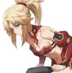  1girl bangs bare_shoulders blonde_hair braid breasts cleavage detached_sleeves dressing eyebrows_visible_through_hair fate/apocrypha fate_(series) hair_ornament hair_scrunchie juliet_sleeves long_hair long_sleeves mordred_(fate) navel parted_bangs ponytail puffy_sleeves red_scrunchie scrunchie shiny shiny_hair simple_background small_breasts solo thighhighs tonee white_background 
