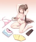  1girl absurdres adjusting_hair bangs barefoot blush bra bra_removed breasts bright_pupils brown_eyes brown_hair commentary full_body hair_tie_in_mouth highres knees long_hair mouth_hold navel panties pantyhose pantyhose_removed pokemon pokemon_(game) pokemon_bw2 rosa_(pokemon) shirt_removed sitting skirt skirt_removed solo toes towel towel_around_neck underwear very_long_hair vuhh2574 white_pupils 