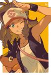  1girl arm_up baseball_cap black_vest blue_eyes border brown_hair collarbone commentary_request eyelashes grin hat high_ponytail hilda_(pokemon) holding holding_pokemon long_hair looking_at_viewer omyo_(myomyomyo22) one_eye_closed outside_border pokemon pokemon_(creature) pokemon_(game) pokemon_bw shirt sidelocks signature sleeveless sleeveless_shirt smile tepig upper_body vest white_border white_shirt wristband 