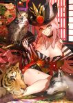  1girl animal_ears bird black_dress breasts cleavage dress fate/grand_order fate_(series) fox_ears fox_girl fox_tail hat highres holding holding_pipe indoors koyanskaya_(fate) large_breasts long_hair looking_at_viewer official_art on_floor owl pink_hair pipe resized tail tamamo_(fate) tatami tiger upscaled wada_arco wolf yellow_eyes 