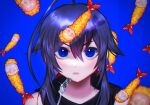  1girl black_hair blue_background blue_eyes dan123 drooling food fork fram_berge fram_berge_(water) highres hungry looking_at_viewer lord_of_heroes pale_skin saliva shrimp 