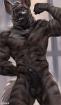  2022 abs anthro balls black_stripes chunie detailed_background digital_media_(artwork) erection flexing_bicep foreskin genitals hi_res humanoid_genitalia humanoid_penis hyaenid looking_at_viewer male mammal muscular muscular_anthro muscular_male nipples nude penis retracted_foreskin smile solo striped_hyena stripes 