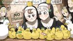  &gt;_&lt; 5girls :&lt; ^_^ animal_ears bandaid banner bird blonde_hair bound_together brown_hair bunny_hair_ornament bunny_nun_(diva) catholic chicken closed_eyes commentary confetti crown diva_(hyxpk) double_thumbs_up duck duckling english_commentary english_text fake_animal_ears footprints frog_headband grey_hair habit hair_ornament half-bang_nun_(diva) hand_on_another&#039;s_head hand_on_another&#039;s_shoulder hanging_plant holding holding_sign hook-bang_nun_(diva) little_nuns_(diva) mini_crown multiple_girls nun ostrich protagonist_nun_(diva) rabbit_ears shelf sign smile star_(symbol) star_nun_(diva) sticker tape tearing_up thumbs_up 