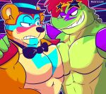  2022 abs abstract_background alligator alligatorid anthro arm_around_shoulders big_muscles big_pecs bow_tie clothing crocodilian duo eyebrows eyewear eyewear_on_head facial_markings fingerless_gloves five_nights_at_freddy&#039;s five_nights_at_freddy&#039;s:_security_breach fizzyjay frown fur glamrock_freddy_(fnaf) gloves hair hand_on_shoulder handwear hat head_markings headgear headwear hi_res looking_at_another male mammal markings mohawk montgomery_gator_(fnaf) muscular muscular_anthro muscular_male narrowed_eyes nude pec_squish pecs raised_eyebrow reptile scalie scottgames shoulder_pads smile squish sunglasses sunglasses_on_head teeth text top_hat tuft url ursid video_games 