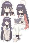  1girl anger_vein angry black_hair black_legwear blue_archive blue_eyes blush book cardigan commentary_request glasses hair_ribbon hairband halo highres kamo_(kamonabe_44) long_hair long_skirt off_shoulder plaid_shawl reading ribbon school_uniform shawl skirt slippers smile ui_(blue_archive) 