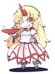  1girl ;d bangs blonde_hair cuffs cup eyebrows_visible_through_hair fried_rice0614 full_body geta grin hand_on_hip highres holding holding_cup horns hoshiguma_yuugi long_hair looking_at_viewer one-hour_drawing_challenge one_eye_closed red_eyes red_horns sakazuki see-through_skirt shackles shirt simple_background single_horn skirt smile solo touhou white_background white_shirt 