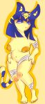  animal_crossing ankha_(animal_crossing) anthro bandage blue_hair breasts domestic_cat egyptian feet felid feline felis female fur genitals hair hi_res mammal nintendo nude pinkeyesoda pussy solo video_games yellow_body yellow_fur 