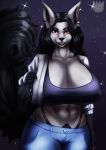  2022 5_fingers absurd_res anthro anthrofied big_breasts black_body black_fur black_hair black_lips black_nose bottomwear breasts canid claws cleavage clothed clothing curvy_figure denim denim_clothing detailed_background digital_media_(artwork) ear_piercing ear_ring female fingers fluffy fluffy_tail fur grey_body grey_fur hair hi_res huge_breasts hyaenid jacket jeans keshkresh lips long_hair looking_at_viewer mammal mature_female midriff mightyena milfyena nails navel night night_sky nintendo nipple_outline outside pants piercing pok&eacute;mon pok&eacute;mon_(species) pok&eacute;morph pubes_exposed red_eyes smile solo star teeth thick_bottom_lip thick_thighs topwear underwear video_games voluptuous wide_hips yellow_sclera 