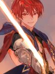  1boy armor fighting_stance holding holding_weapon johan_talede johan_talede_(fire) kuzuvine long_sleeves looking_ahead lord_of_heroes male_focus pale_skin red_eyes red_hair solo sword weapon 