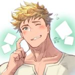  1boy bangs blonde_hair blush finger_to_cheek granblue_fantasy green_eyes hand_up looking_at_viewer male_focus one_eye_closed shirt short_hair smile solo teeth upper_body vane_(granblue_fantasy) white_shirt yowaifish 