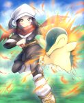  1girl akari_(pokemon) black_hair black_shirt blush brown_footwear closed_mouth cyndaquil day eyelashes fire floating_scarf grass grey_eyes grey_jacket grey_skirt head_scarf holding holding_poke_ball jacket long_hair looking_at_viewer loose_socks outdoors pantyhose poke_ball poke_ball_(legends) pokemon pokemon_(creature) pokemon_(game) pokemon_legends:_arceus ponytail red_scarf sash scarf shirt shoes sidelocks skirt sky smile sukobiru white_headwear white_legwear 