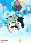  1girl ? balloon bangs bare_shoulders black_eyes black_legwear black_ribbon black_serafuku black_skirt chibi commentary_request dated detached_sleeves floating flying green_hair hair_between_eyes hair_flaps hair_ornament hair_ribbon hairclip hanging happy_birthday highres kantai_collection long_hair looking_at_viewer mary_janes midair moritaku0708 parted_bangs pleated_skirt ponytail ribbon school_uniform serafuku shoes sidelocks skirt solo spoken_question_mark thighhighs wide_shot yamakaze_(kancolle) 