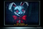  anthro black_sclera bow_tie buckteeth dark dialogue e4hargus eyelashes female five_nights_at_freddy&#039;s five_nights_at_freddy&#039;s_2 fur jigsaw_(saw) lagomorph leporid looking_at_viewer mammal puppet rabbit red_eyes saw_(movie) scottgames smile smiling_at_viewer solo static subtitled talking_to_viewer teeth television vanny_(fnaf) video_games whiskers white_body white_fur 