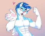  &lt;3 abs anthro biceps blue_body blue_fur blue_hair canid canine canis crystal-silverlight domestic_dog fluke_the_husky fur hair hi_res husky male mammal nordic_sled_dog one_eye_closed paws simple_background solo spitz white_body yellow_eyes 