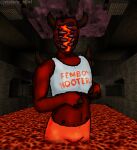  anthro bottomwear bulge chthon claws clothing demon detailed_background eldritch_horror femboy_hooters hooters_uniform horn hotpants lava male monster quake red_body red_skin shirt shorts solo t-shirt tank_top topwear victory_clint video_games 