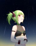  1girl absurdres arm_strap artpatient bare_shoulders black_shirt bracelet breasts clothing_cutout crop_top delruki delutaya green_hair grin hair_ornament highres jewelry long_hair looking_away looking_up meteor_shower midriff ponytail red_eyes revealing_clothes shirt sidelocks sky sleeveless sleeveless_shirt small_breasts smile solo star_(sky) starry_sky stomach underboob_cutout upper_body virtual_youtuber 
