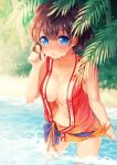  1girl bangs bare_arms blue_eyes blurry blurry_background bottomless breasts brown_hair character_request cleavage collarbone cowboy_shot hair_between_eyes hair_twirling highres large_breasts nishiki_koi open_clothes open_mouth open_shirt oshiro_project red_shirt shiny shiny_hair shirt short_hair sleeveless sleeveless_shirt solo sparkle straight_hair wading 