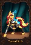  aela_the_huntress armor arrow_(weapon) blonde_hair blue_eyes bow_(weapon) equestria_girls equid equine glowing hair hi_res hooves horn magic magic_hands mammal multicolored_hair my_little_pony ranged_weapon red_hair smile solo sunset_shimmer_(eg) two_tone_hair twotail813 unicorn weapon 