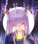  1girl absurdres backlighting bangs blush candle closed_eyes closed_mouth commentary english_commentary facing_viewer flower full_moon hair_ribbon hands_up highres holding japanese_clothes kimono long_hair moon original portrait print_kimono purple_flower purple_hair purple_kimono ribbon siha solo twintails wisteria 