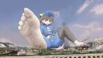  2020 barefoot blue_clothing bottomwear city clothing domestic_cat feet felid feline felis fur hat headgear headwear hi_res klonoa klonoa_(series) looking_down macro male mammal masturbation_through_clothing open_mouth pac-man_(series) plantigrade shorts solo solutionwcs video_games 