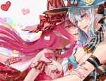  2girls blue_eyes blue_headwear bow breasts brown_bow cleavage confetti eye_contact fairy_knight_tristan_(fate) fairy_knight_tristan_(valentine_witches)_(fate) fate/grand_order fate_(series) fingernails flower grey_background hat hat_bow hat_flower heart large_breasts long_fingernails long_hair looking_at_another morgan_le_fay_(fate) morgan_le_fay_(valentine_witches)_(fate) multiple_girls pink_hair pink_headwear pointy_ears purple_eyes red_nails rose signature smile togashi_(choco-bakama_kitchen) twitter_username upper_body valentine white_hair witch_hat yellow_flower yellow_rose 