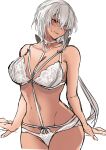  1girl absurdres blush breasts brown_eyes dark_skin glasses highres kantai_collection large_breasts lingerie looking_at_viewer musashi_(kancolle) musashi_kai_ni_(kancolle) simple_background sketch tongue tongue_out underwear underwear_only white_background white_hair yunamaro 