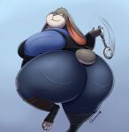  2021 anthro big_butt butt clothed clothing cuff_(restraint) disney ears_down female fure handcuffs hi_res holding_handcuffs holding_object judy_hopps lagomorph leporid looking_aside looking_back mammal metal_cuffs obese obese_anthro obese_female one_leg_up overweight overweight_anthro overweight_female pivoted_ears police_uniform rabbit raised_leg rear_view restraints shenzel smile smirk solo spinning_handcuffs standing thick_thighs uniform wide_hips zootopia 